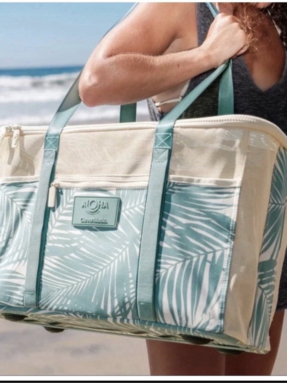 ALOHA Collection Collapsible Beach Tote in Teal and Cream Palm Print - Picture 2 of 3